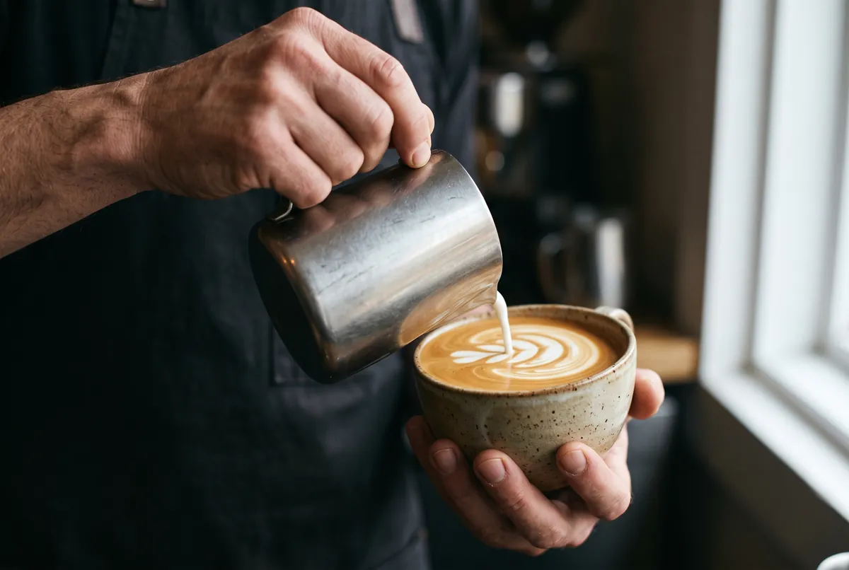 Un barista verse le lait dans une tasse, formant une rosetta