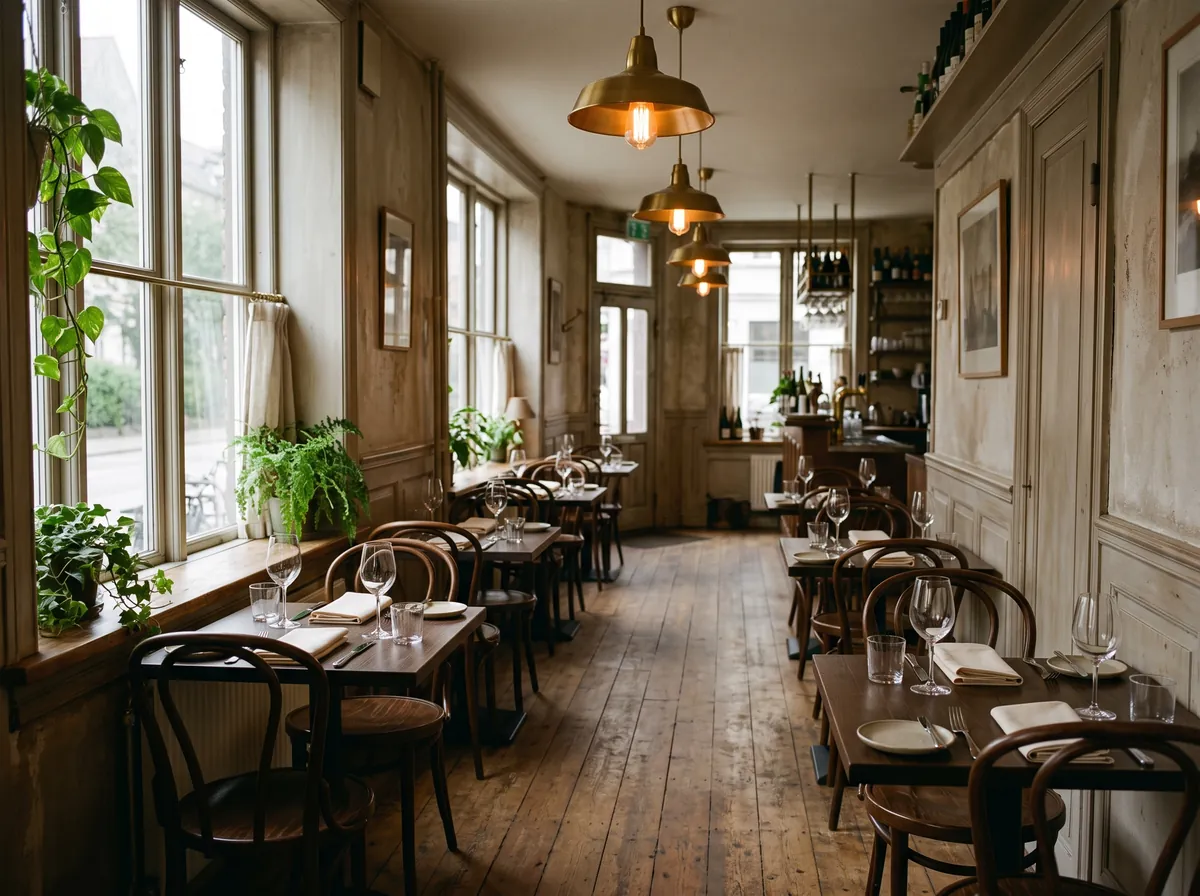 Salle d'un restaurant de quartier, tables dressées avant le service